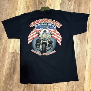 Harley-Davidson Black T-Shirt with Motorcycle and Flag Design